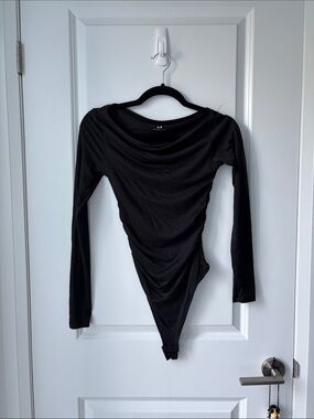 SWS Contour Black Off the Shoulder Long Sleeve Ruched Bodysuit